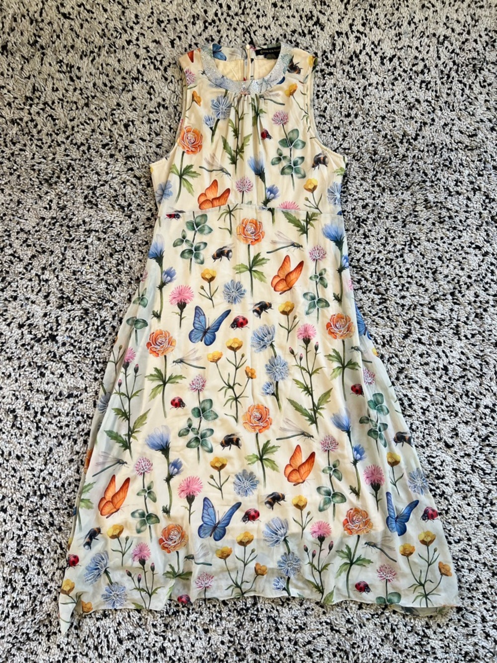 Pankaj & Nidhi Anthropologie Garden Beaded Neck Dress Insects Floral Size 12